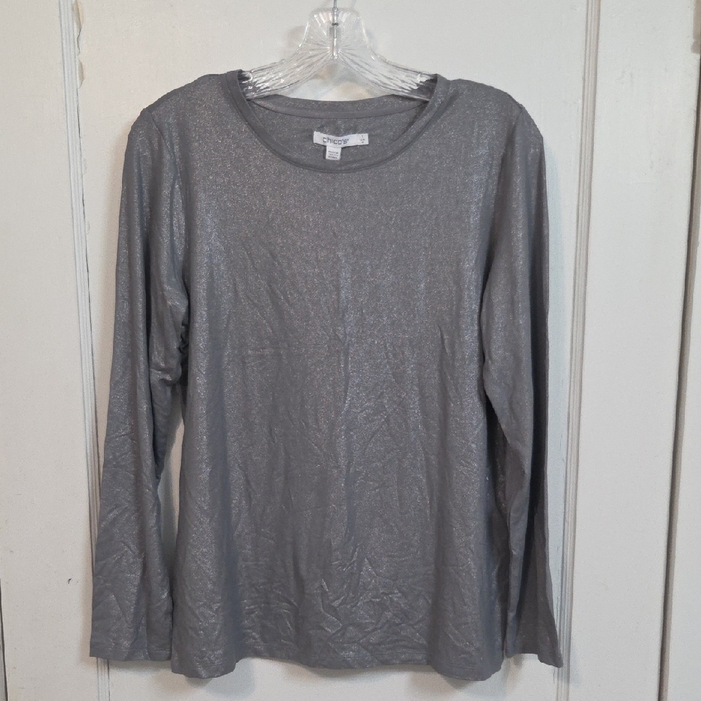 Chico's Touch Of Cool Foil Long Sleeve Layering Tee - Size 1 Medium